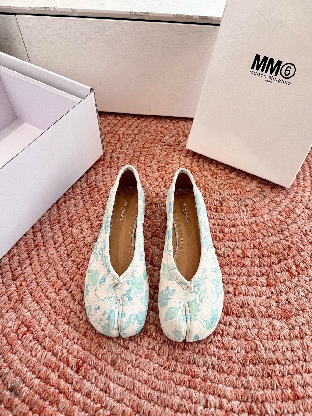 Maison Martin Margiela Floral Tabi Ballet Flats in White and Light Blue